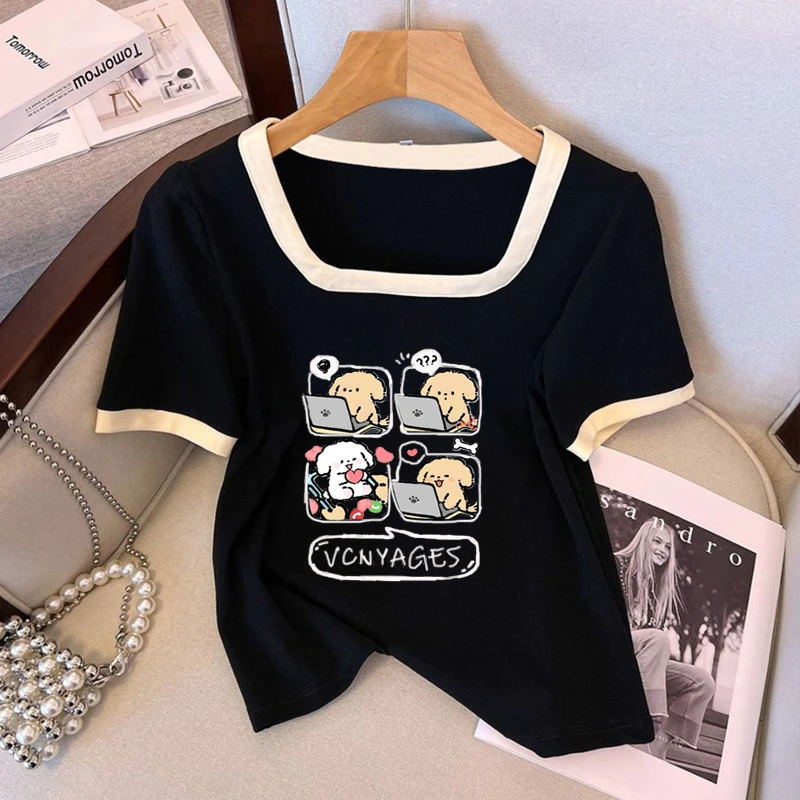 大码200斤夏季新款正肩撞色方领短袖t恤女夏季休闲百搭显瘦上衣潮