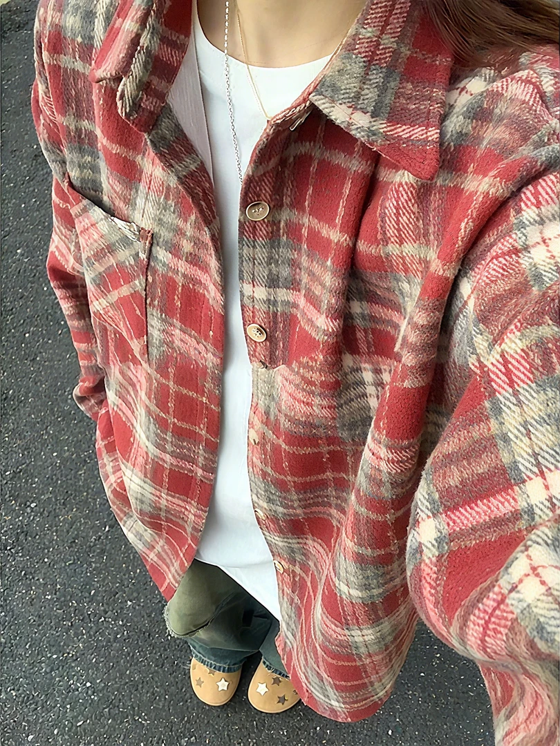 美式复古红色格子衬衫外套女秋冬季磨毛加厚长袖衬衣慵懒休闲上衣
