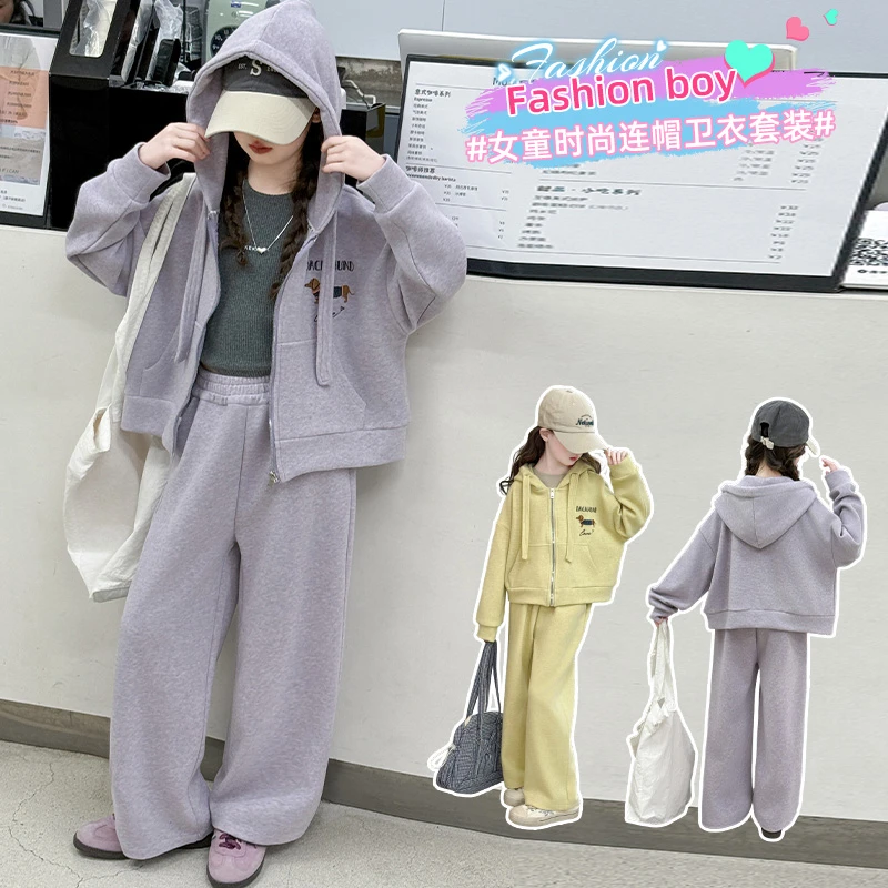 女童春款休闲套装2025新款女孩大童春秋连帽开衫外套运动裤两件套