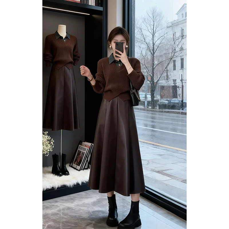 高级感小众牛仔polo领拼接针织衫时尚显气质半身裙港味复古两件套