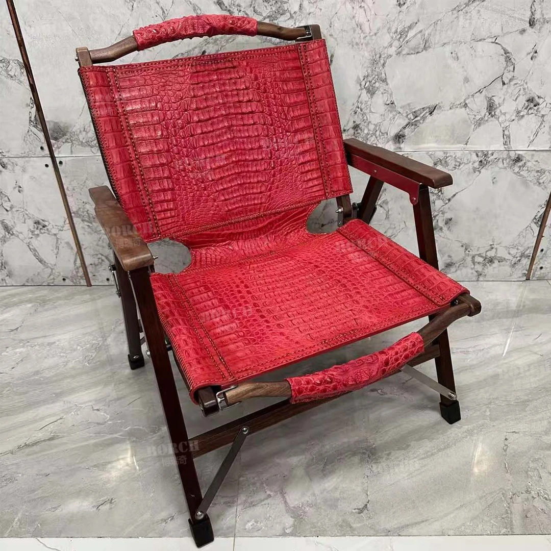博瑞奇真鳄鱼皮克米特折叠椅红色黑胡桃木真皮休闲椅 09836