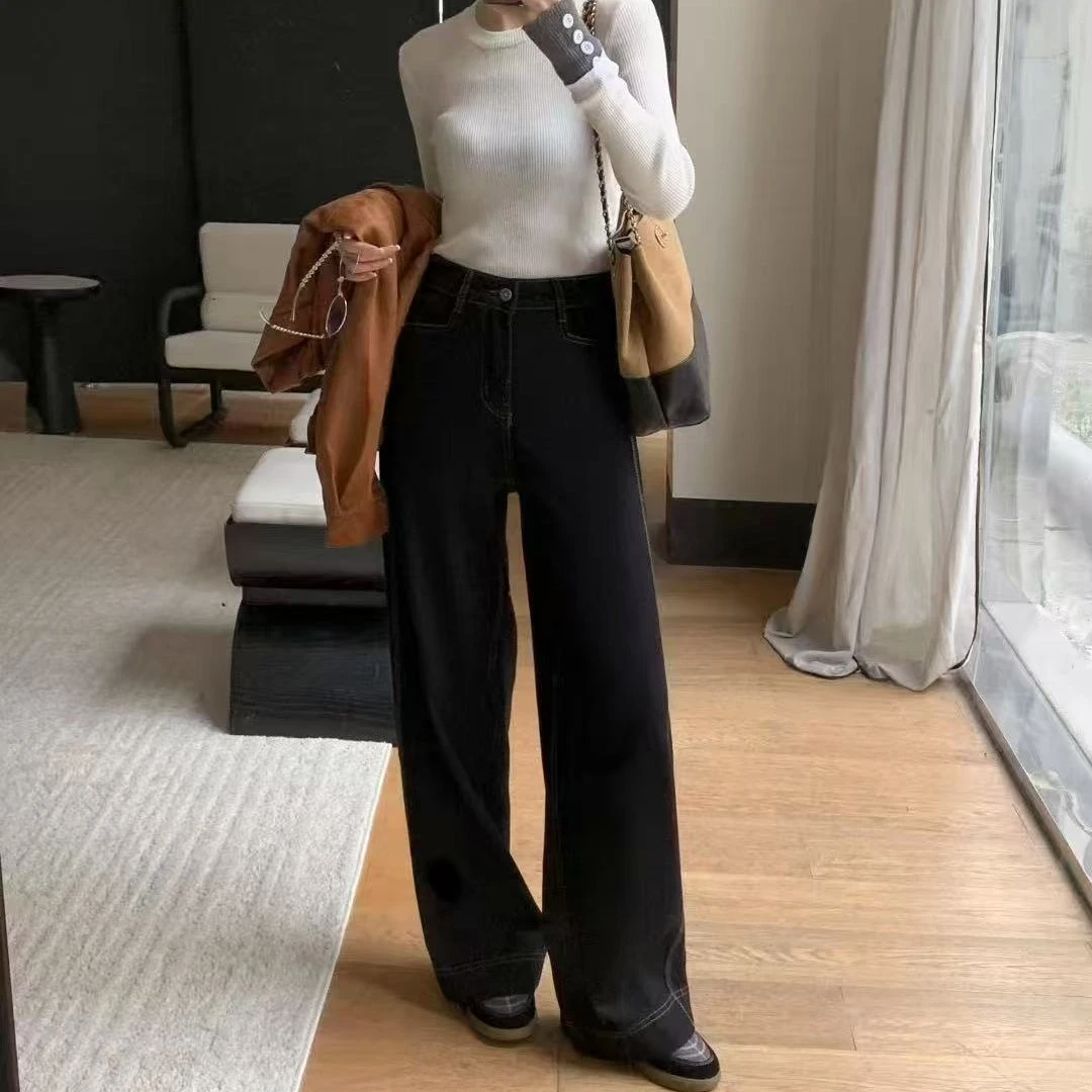 薇莎1805【现货】简约百搭黑色显瘦牛仔直筒裤