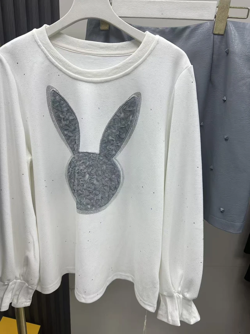 6642圆领宽松卫衣女士外套春秋冬套装新款时尚洋气长袖上衣+皮裙