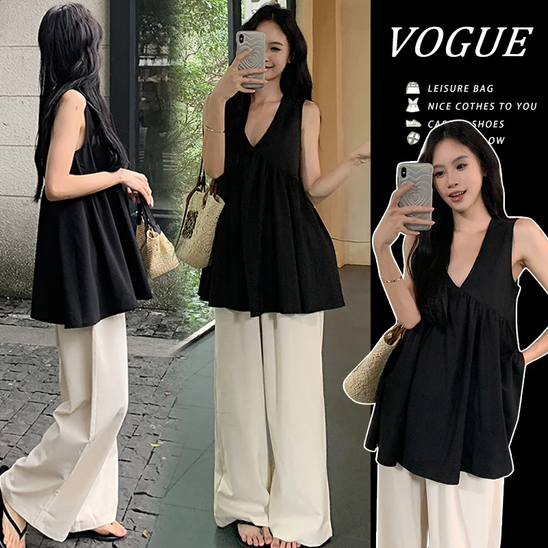 时尚孕妇装夏季设计感v领时尚背心洋气娃娃衫阔腿休闲裤两件套