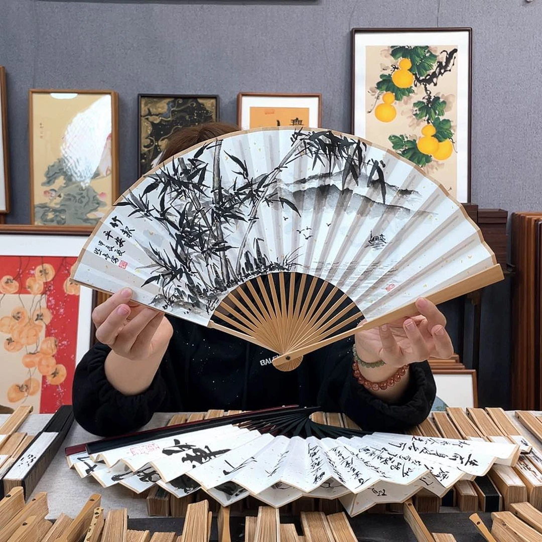 国画8寸玉竹-纯手绘-文玩扇骨（默认粘好）