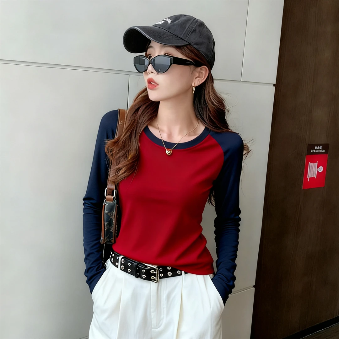 酒红色复古插肩长袖t恤女秋冬季小个子穿搭显瘦甜辣美式拼色上衣