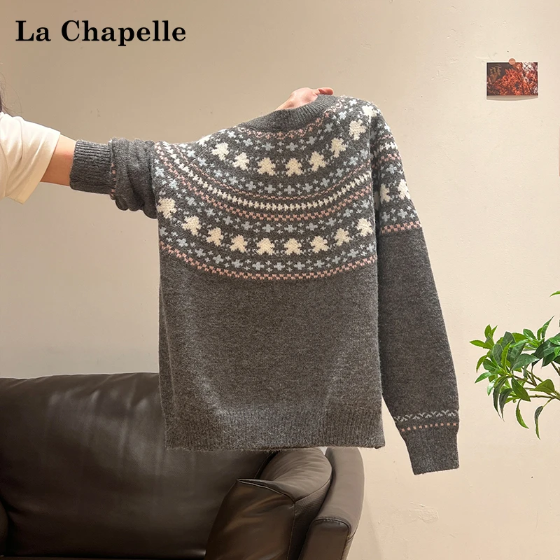 拉夏贝尔费尔岛高级感针织套头毛衣女秋冬季加厚设计感可外穿上衣