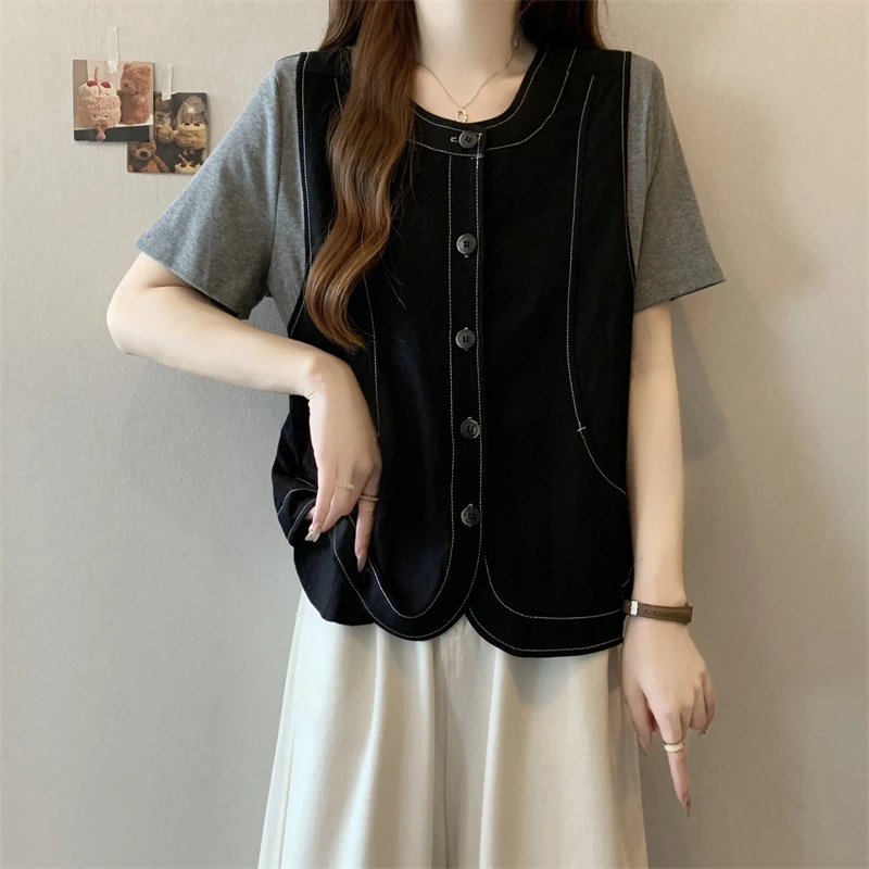 大码女装遮肚子假两件拼接洋气短袖T恤女夏季胖妹妹显瘦正肩上衣