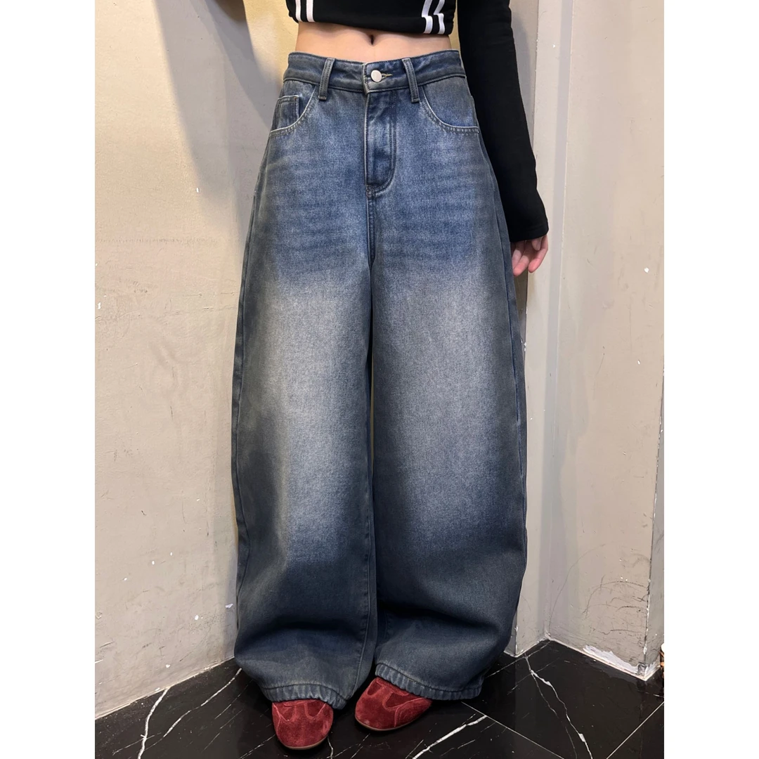 鑫怡定制【脏脏裤】复古做旧水洗软牛仔加绒加厚垂感宽松拖地裤