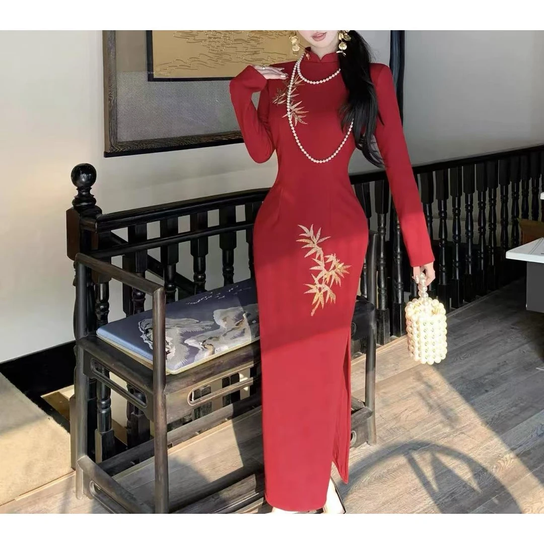 发发推荐长袖【金玉良缘】大码馆新中式金竹刺绣改良A版旗袍9291