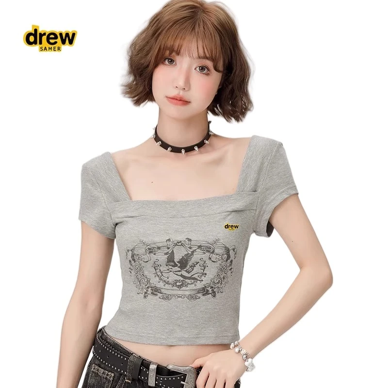 正品Drew Samer笑脸美式辣妹正肩短袖t恤女夏季印花显瘦短款上衣