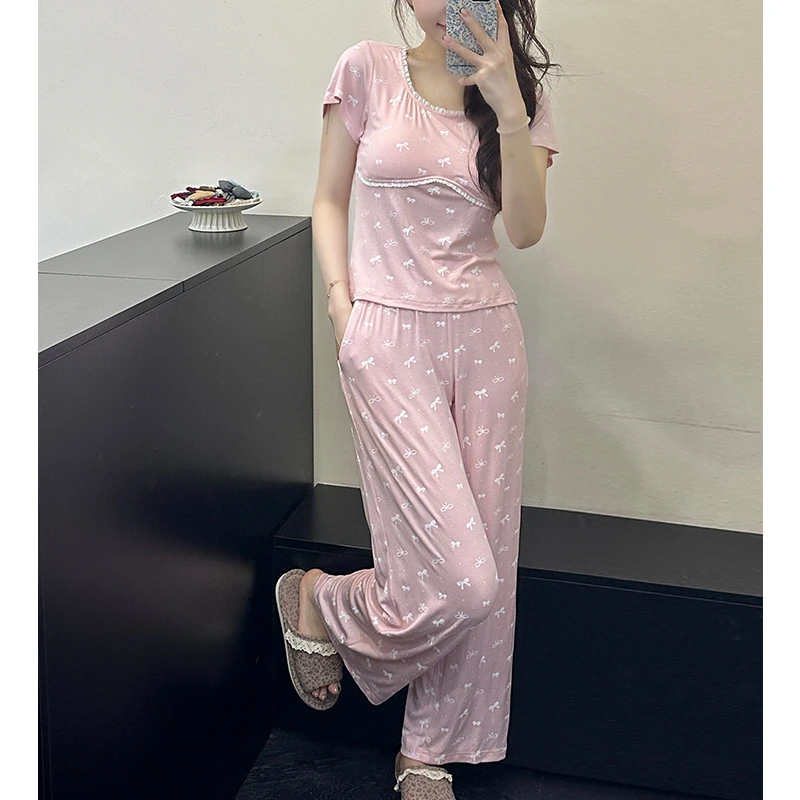 米诗缇【带胸垫粉色蝴蝶结短袖长裤】小众设计可外穿短袖长裤家居服