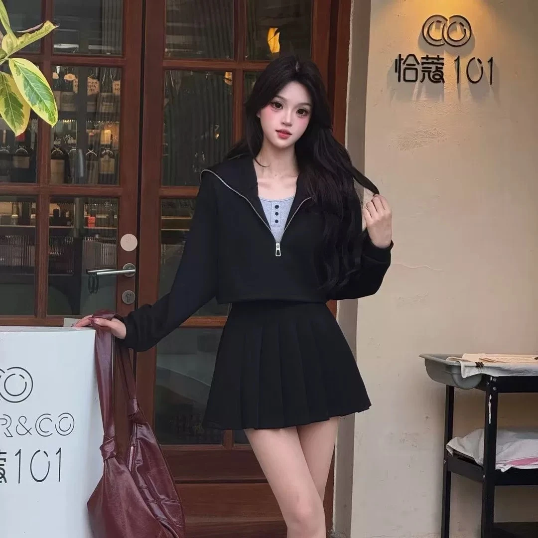 【艾薇】大码女装2025秋季新款气质显瘦拉链卫衣+背心+百褶裙三件套