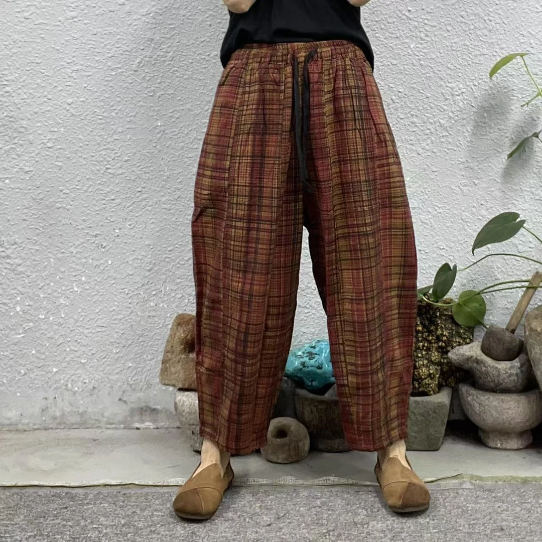 70115红格前六片色织麻南瓜休闲裤（长90臀围126脚口42