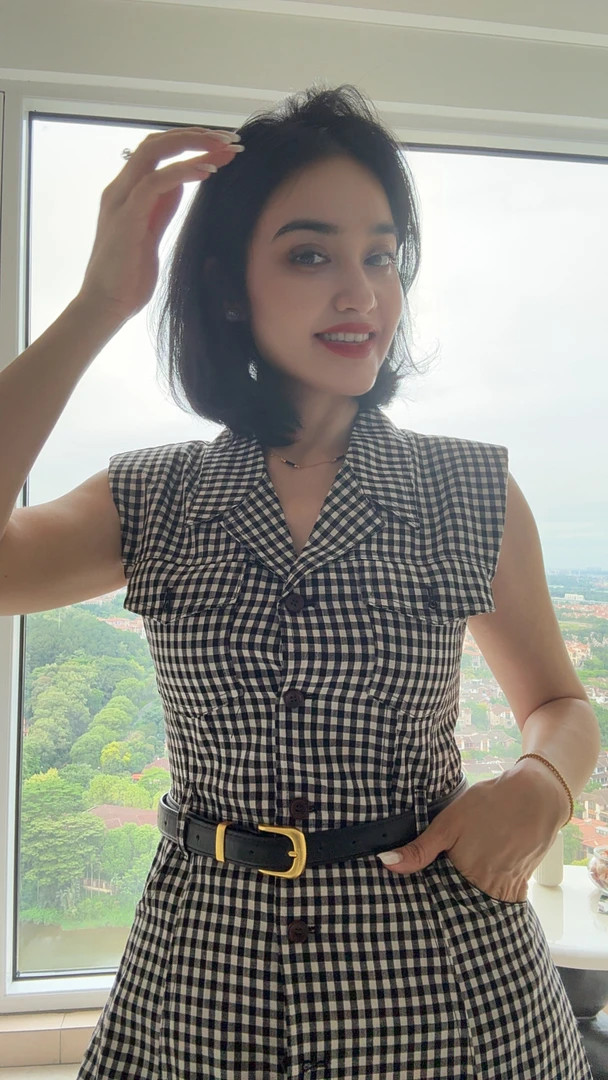 高端欧货千鸟格双排扣西装领夏季气质收腰显瘦无袖长裙连衣裙