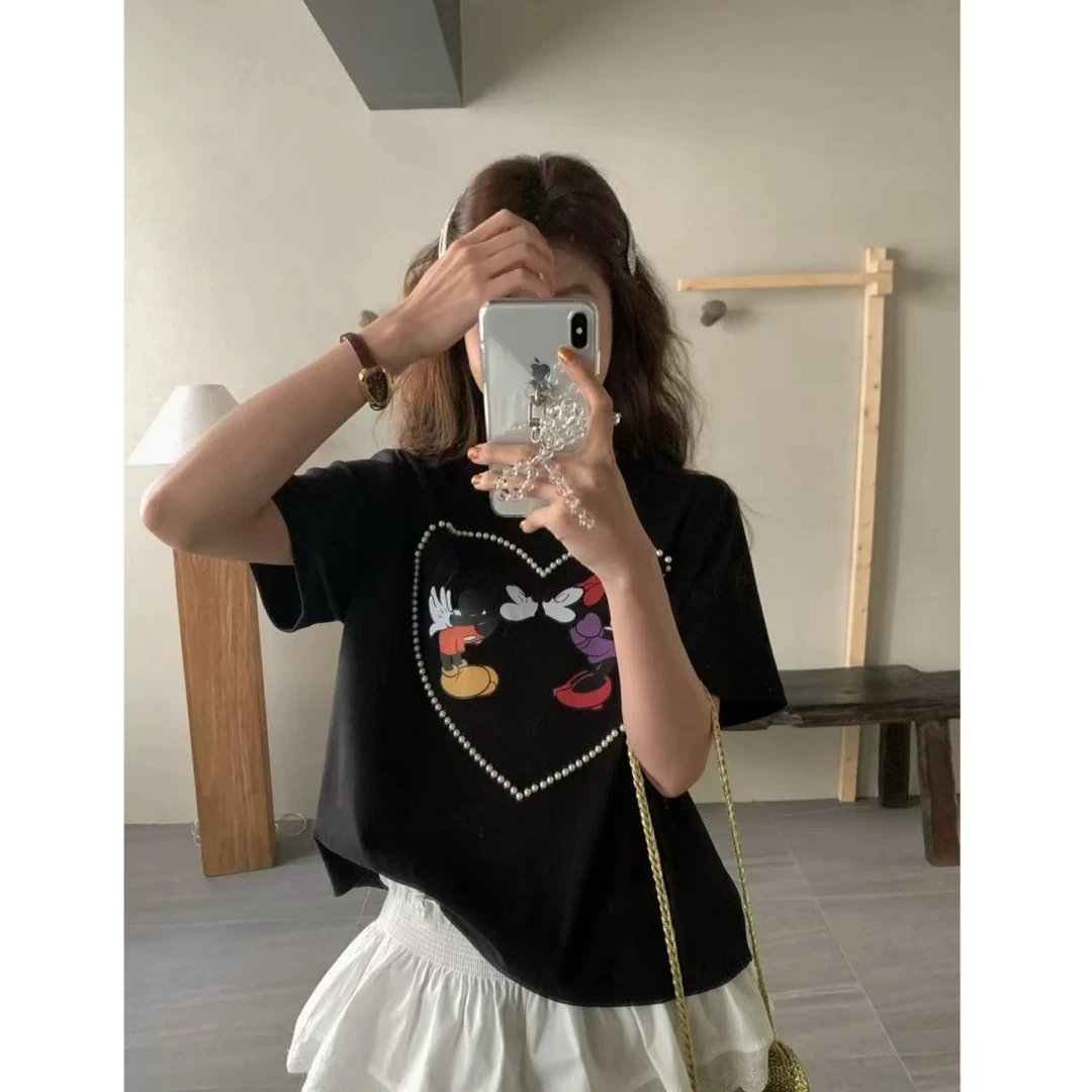 韩系甜美立体珠珠爱心短袖T恤886  衣长54