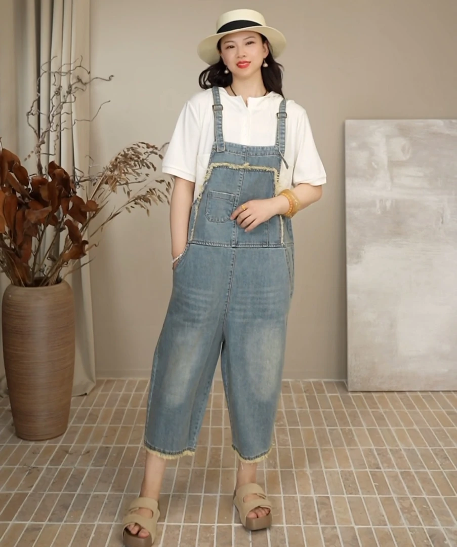 复古时尚毛边牛仔背带裤女 夏季新款韩版宽松休闲减龄七分连体裤