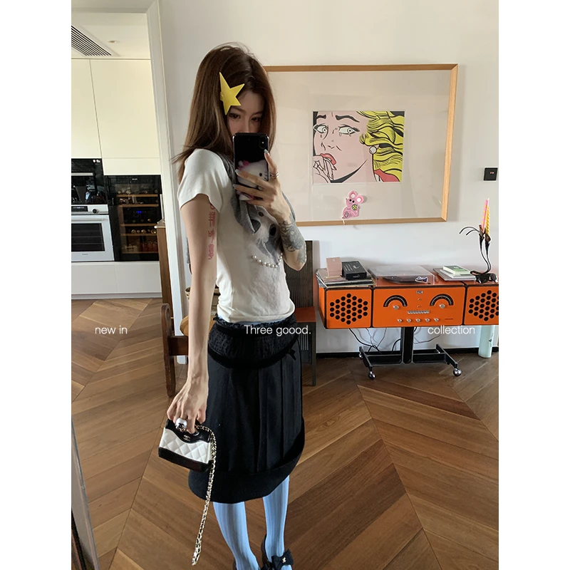 THREE GOOOD/三吉循庄问蝶 毛呢拼丝绒波点网纱半身裙Y725G15624