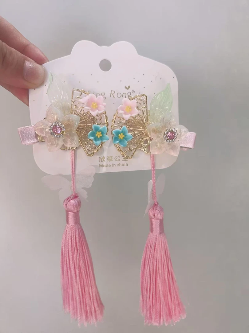 婴儿伤发儿童头饰碎发发夹发圈女童对夹流苏女发饰边夹发卡中国风
