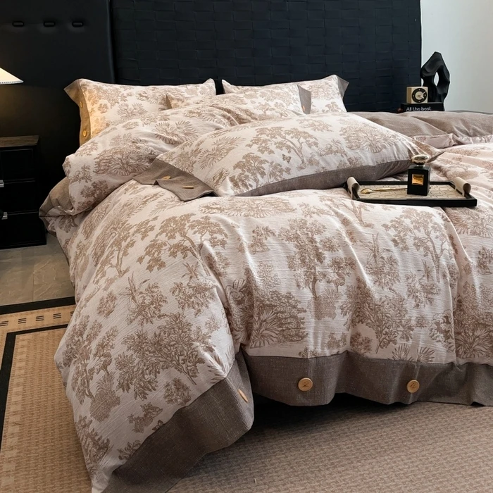 2025新款A类原麻纽扣四件套加厚被套床单宿舍双人床仿仿亚麻套件