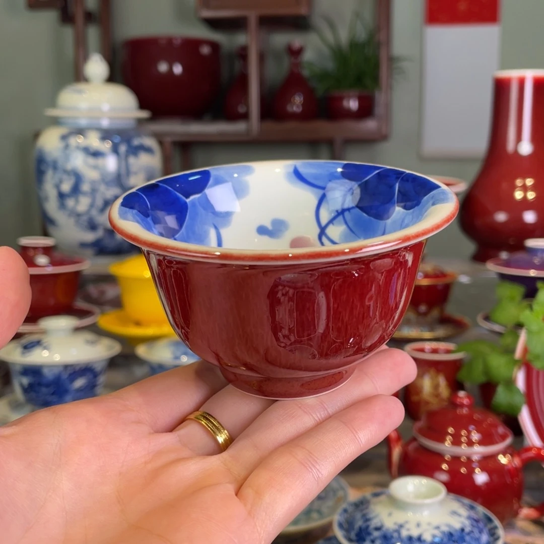 清欢雅玩原矿郎红福利内绘荷花压手杯