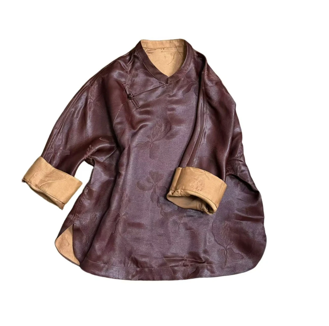 【谍影】45姆米红云纱女士提花桑蚕丝新中式国风上衣