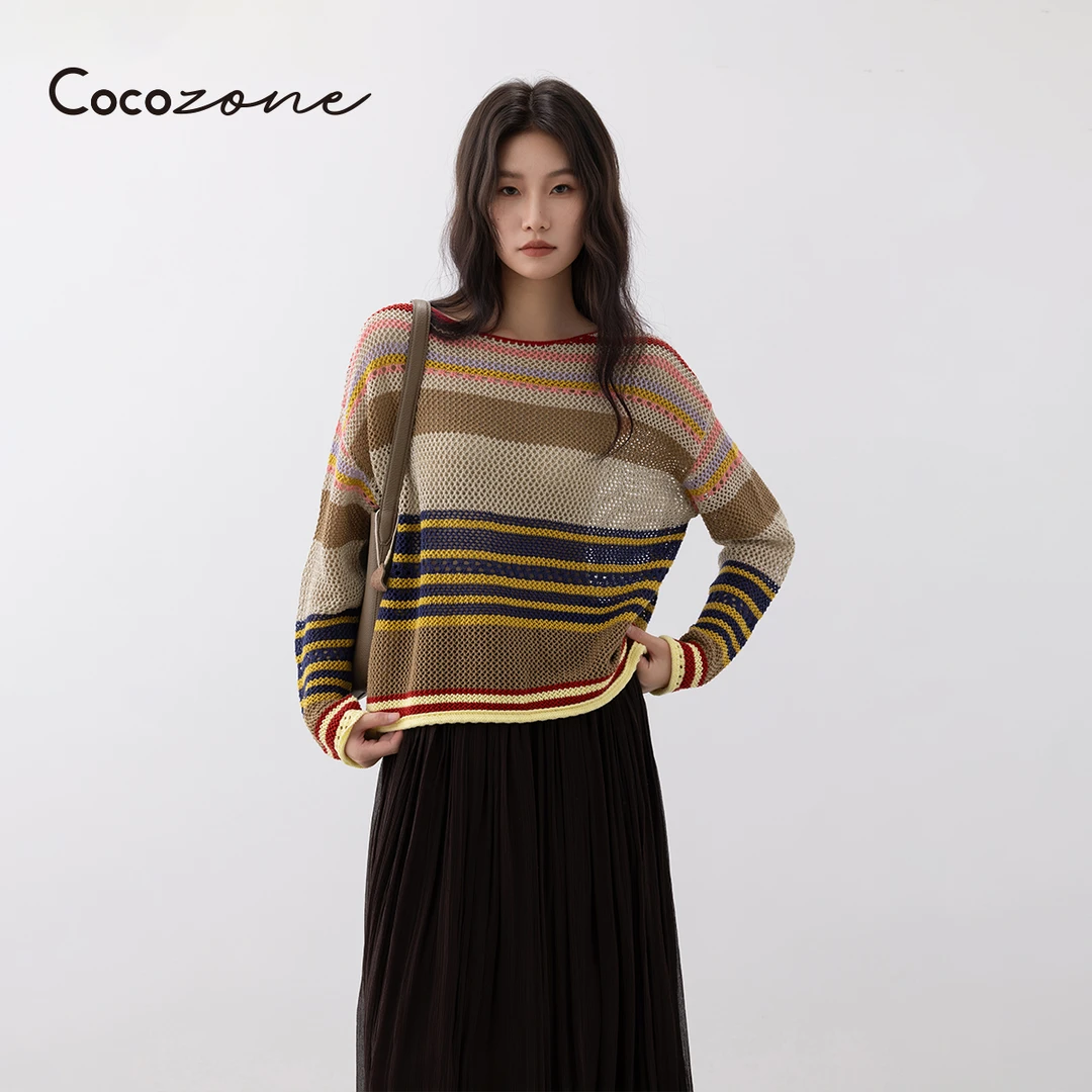 COCO ZONE 刘一一 镂空设计感彩色条纹圆领针织衫CD1A0435