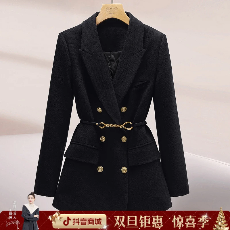 丝柏舍2025秋装新款女装宽松双排扣收腰正肩中长棉外套S53B3309A