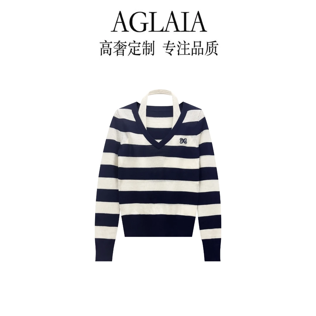 AGLAIA~早秋新款小众设计感挂脖V领假两件时尚撞色条纹针织衫6286