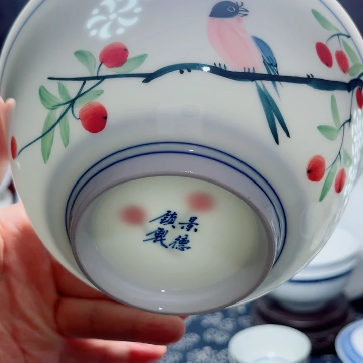 青花玲珑6寸面碗手绘花鸟