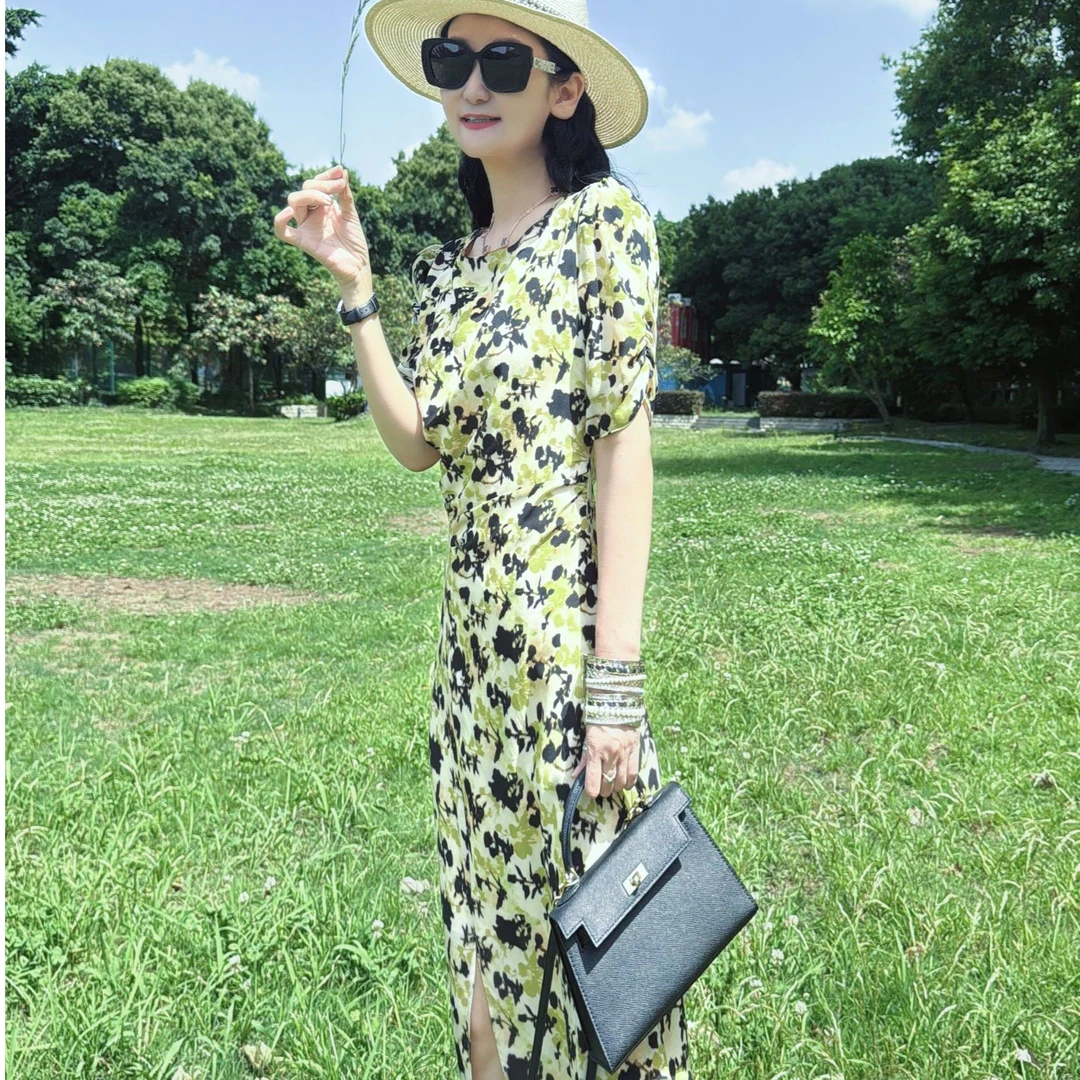M52D043慕之淇法式轻奢气质时尚收褶全摆开叉印花大摆连衣裙