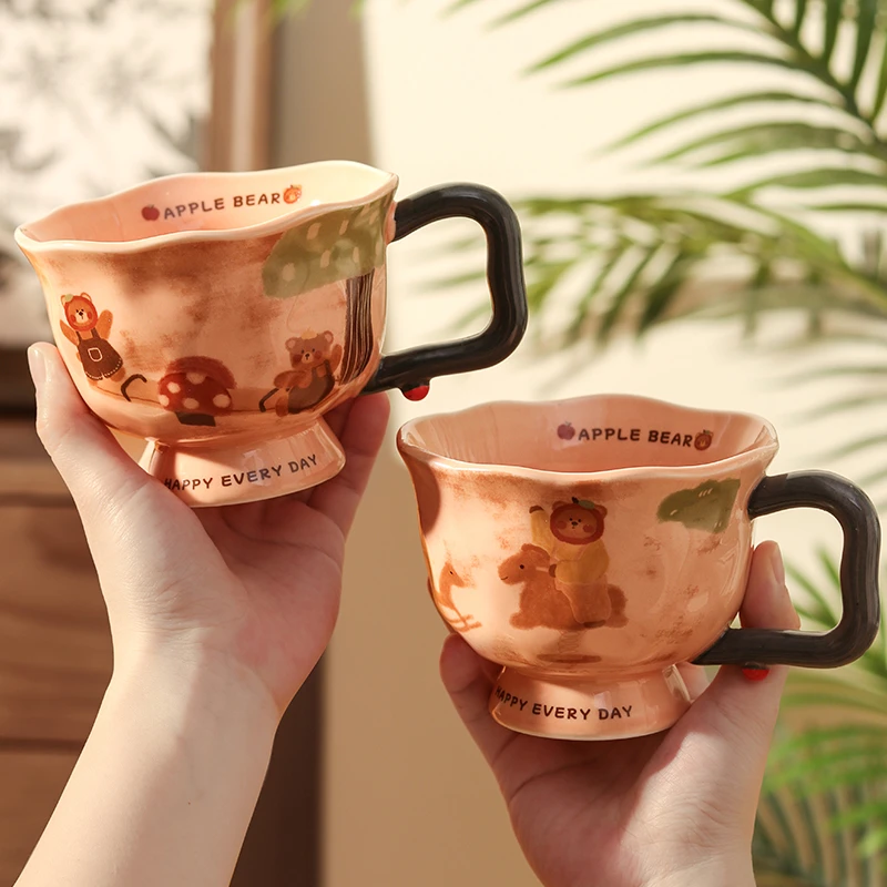 复古苹果小熊陶瓷杯子高颜值艺术感马克杯男女生办公室咖啡早餐杯