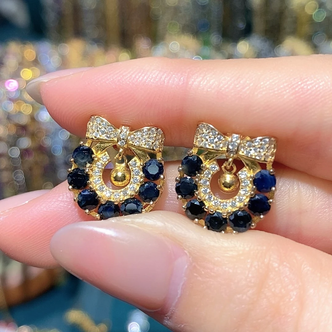 耳饰蓝宝石银S925镶嵌天然蓝宝石