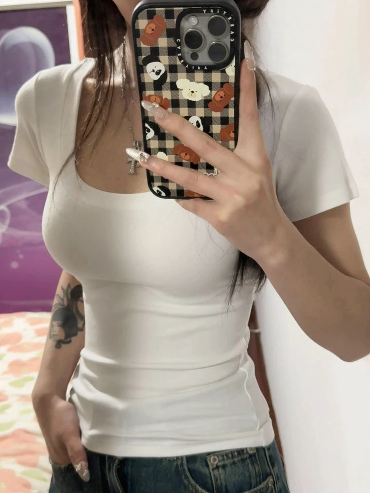 辣妹性感u领修身正肩短袖T恤女2025新款夏季气质简约百搭上衣潮流