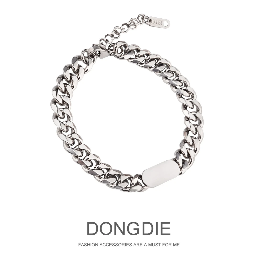钛钢不掉色圆方牌古巴手链简约百搭痞帅嘻哈曜石手串