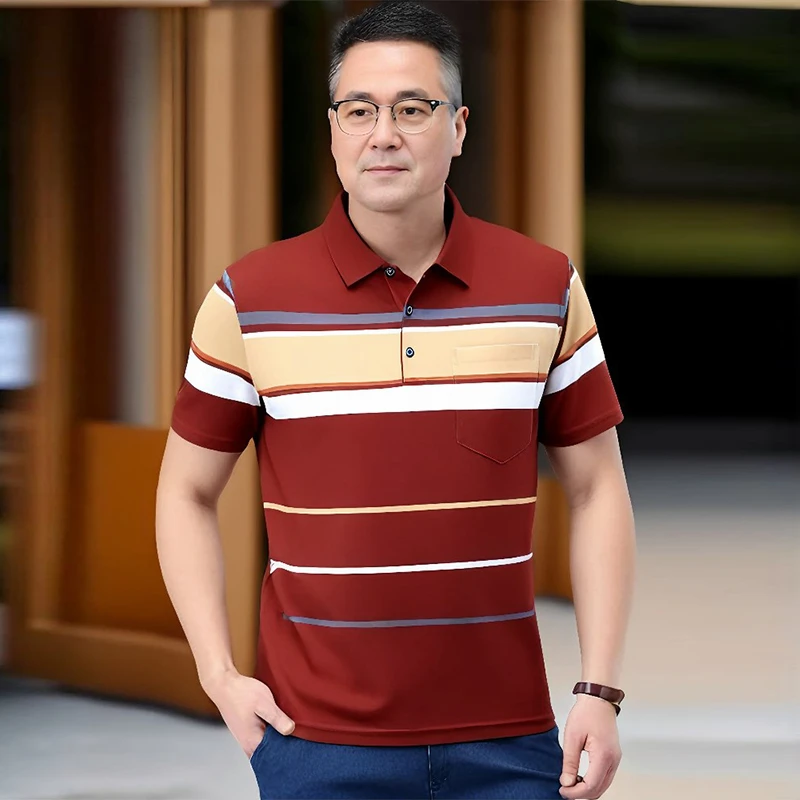 2025夏装中老年休闲男士短袖t恤条纹带口袋polo衫夏季老人上衣服
