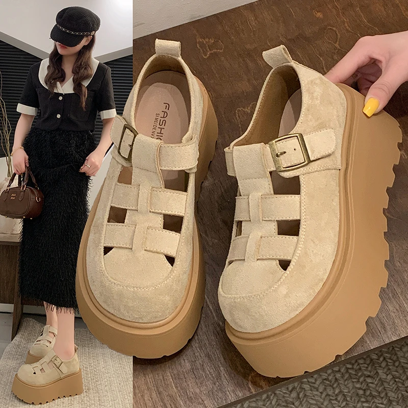 增高7CM单鞋女2025春季新款复古博肯百搭小个子厚底休闲透气凉鞋