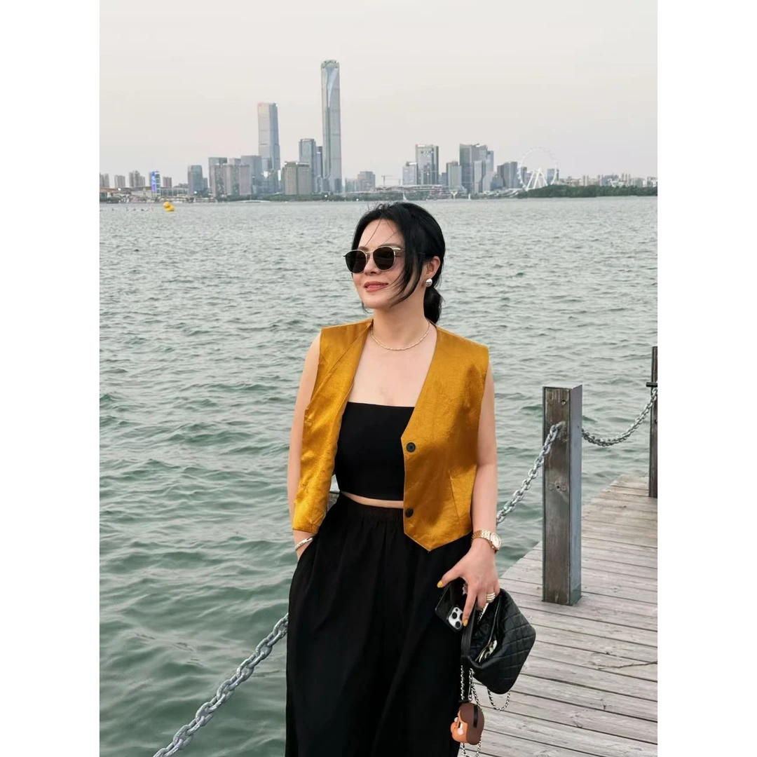 sp独定制高级纹理缎面马甲 上衣轻奢气质网红百搭无袖设计感