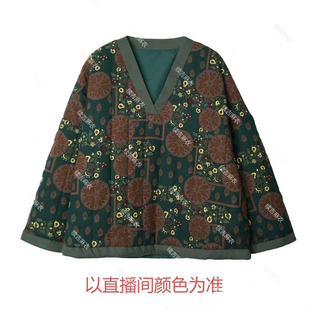 冬-续吉麻衣25-2635【享福】长袖V领复古印花宽松棉衣