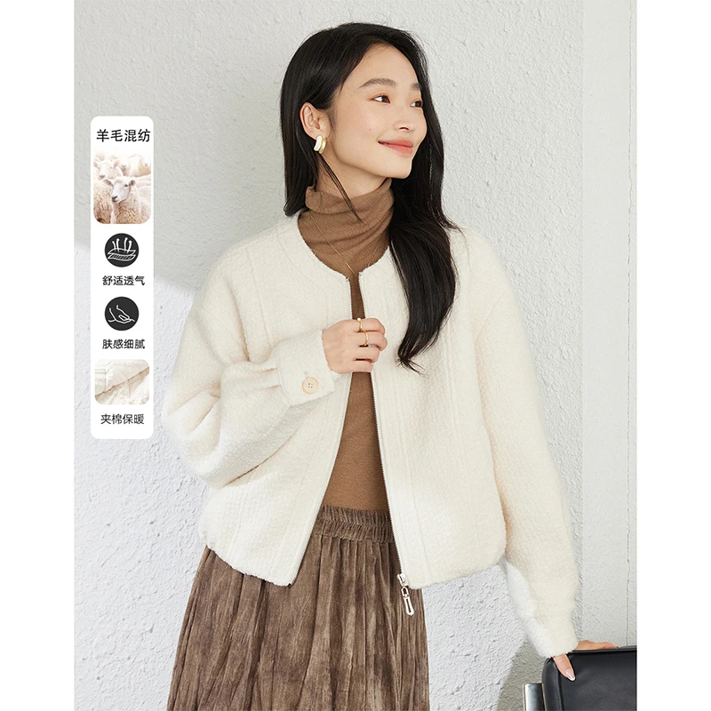 *梵希蔓秋冬新款羊毛混纺夹棉毛绒毛呢外套女宽松保暖M9152