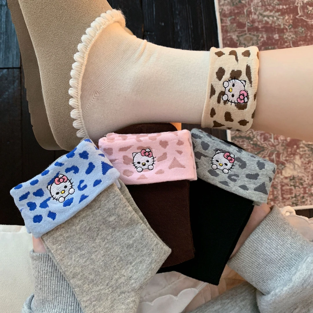 【玳瑁kitty】韩系可爱刺绣Kitty豹纹翻边罗口轻奢可露丽配色女袜