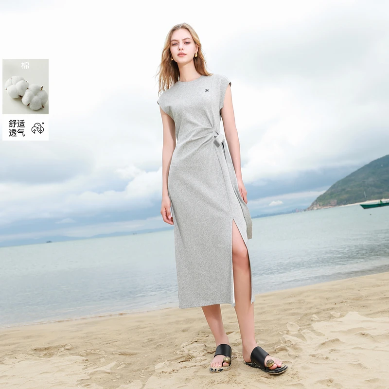 三彩2025夏季新品设计感连衣裙收腰系带A字裙开叉M洋气衣服女