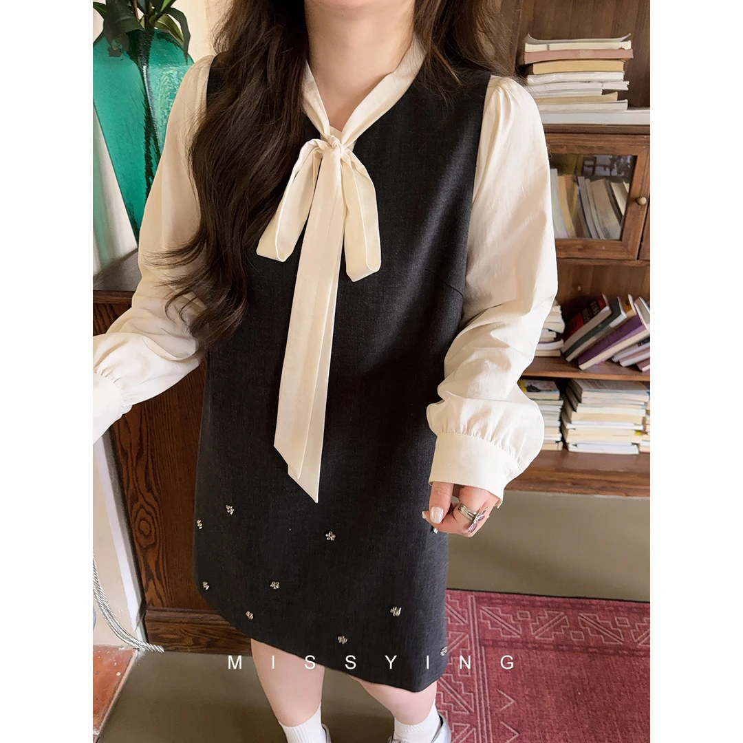 应小姐【伯克利少女】微胖大码秋季显瘦时尚设计感点缀背心连衣裙