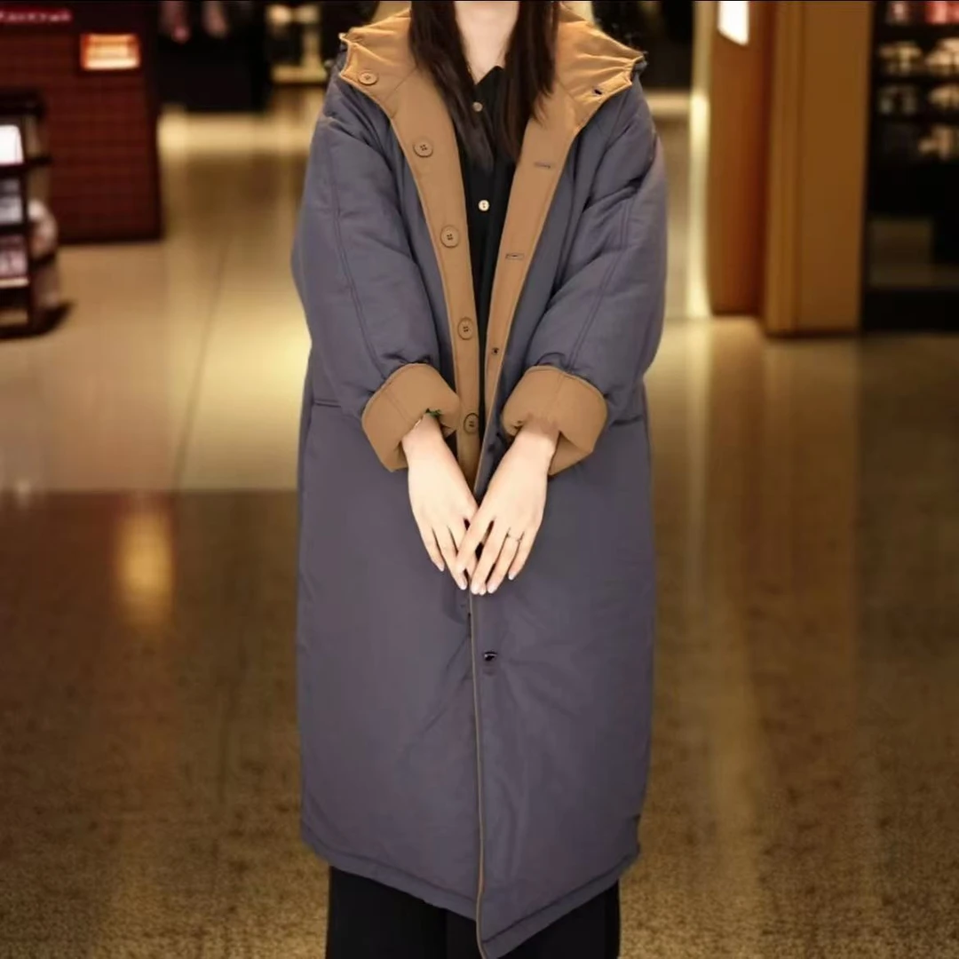 2025冬季新款双面双穿极寒双层加厚保暖时尚显瘦连帽长款过膝棉服