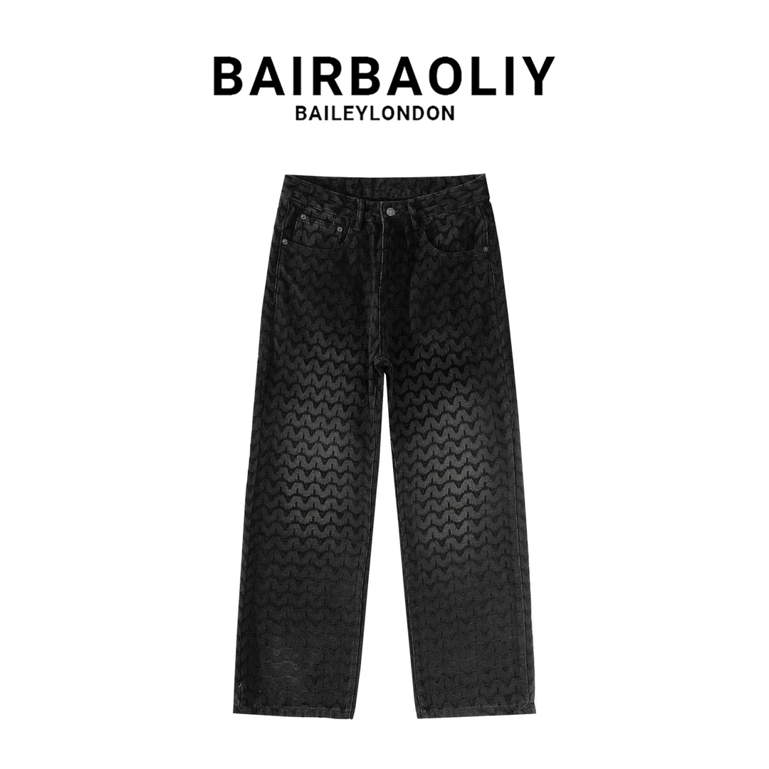 BAIRBAOLIY高品质轻奢波浪纹设计感提花微宽松直筒牛仔裤男四季款