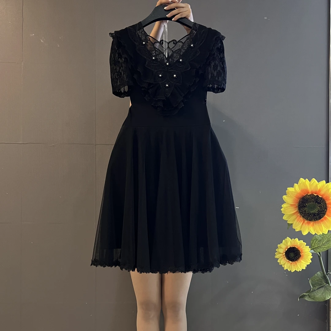 遮肉显瘦气质美背连衣裙时尚洋气蕾丝网纱拼接中长款小黑裙9039