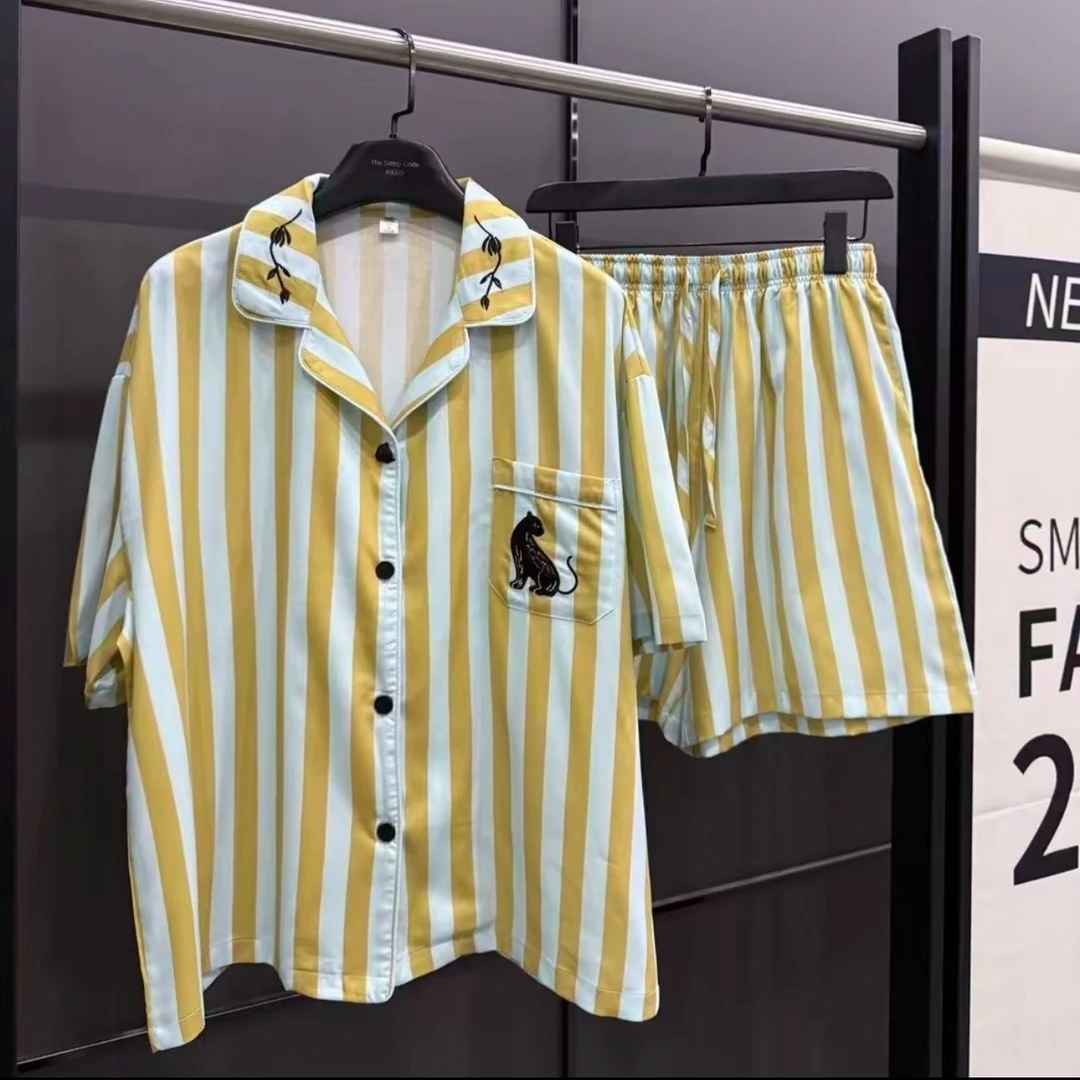 Zai Living/也宅【蓝绿条纹黑豹-男女同款】新款外穿天丝棉居家服F