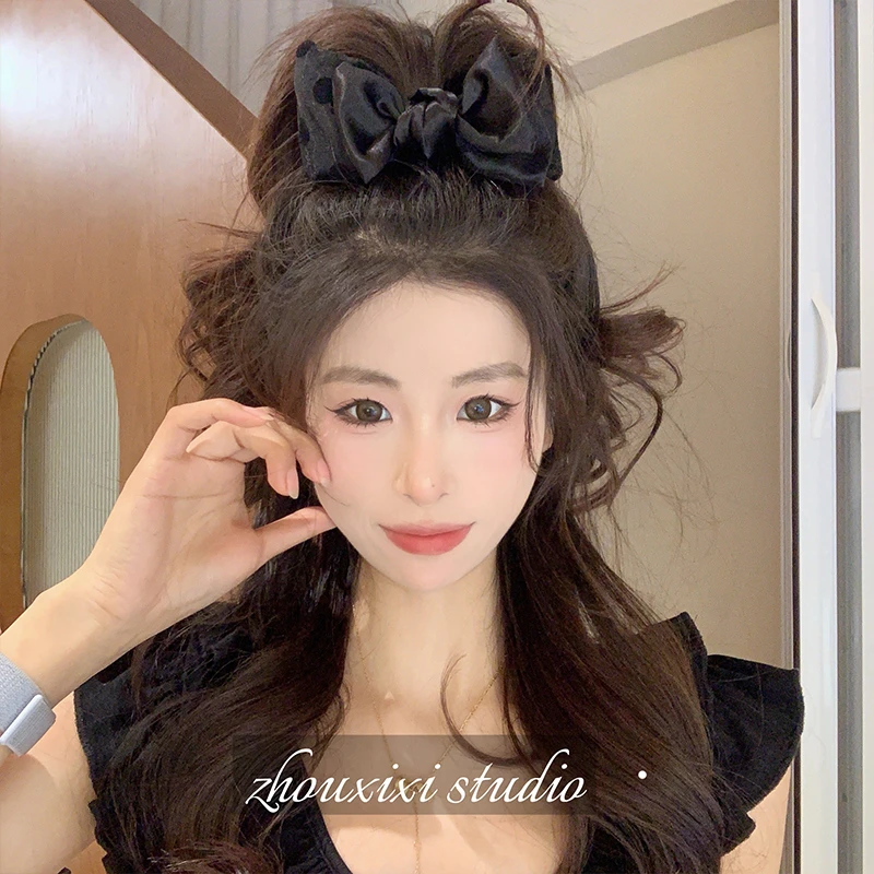 波点双层蝴蝶结丸子头发夹女复古百搭高马尾抓夹头饰