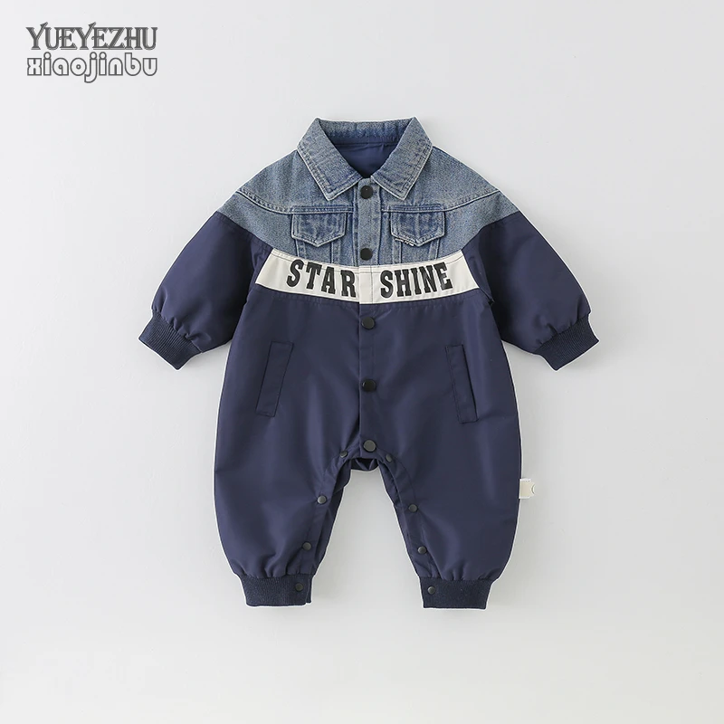 男宝宝牛仔衣服秋装韩版帅气时髦哈衣外出婴儿连体衣春秋翻领外套