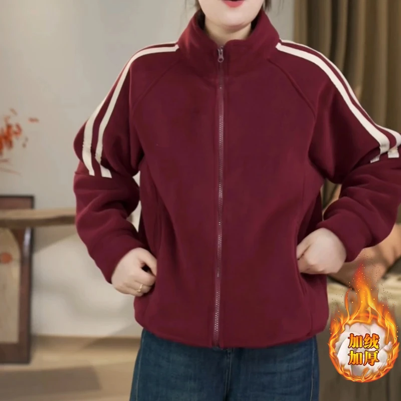 美式复古立领条纹短款外套女冬季加绒加厚小个子拉链开衫夹克上衣